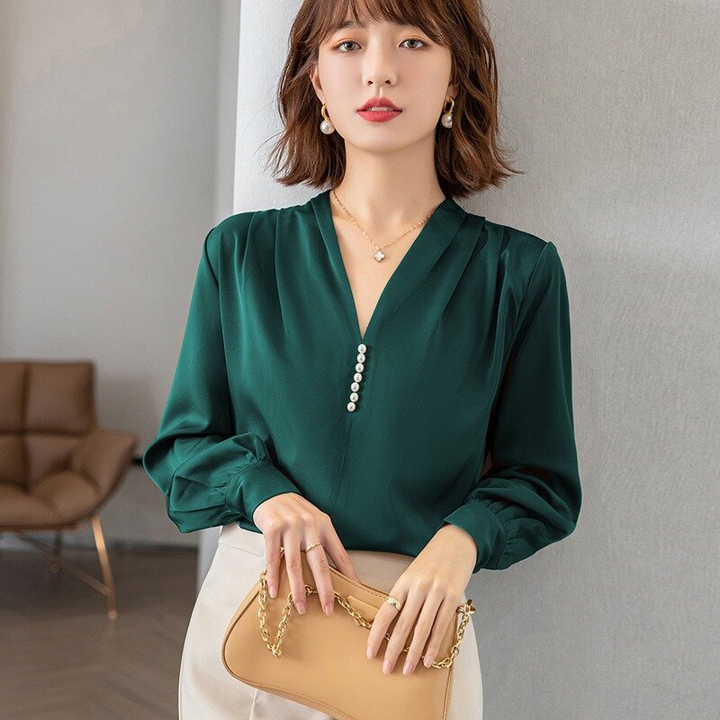 2023 New Spring And Summer Fashion Top Korean Professional Elegant Shirt V-neck Long Sleeve Casual Solid Color Clothing