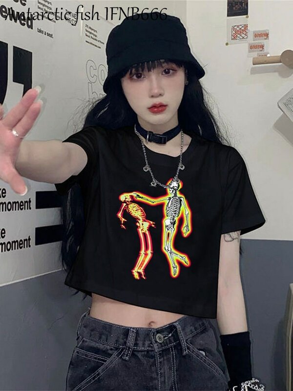 Gothic Y2k tops skull print top Korean O-neck crop top 90s summer fashion punk casual aesthetic T-shirt vintage aesthetic top