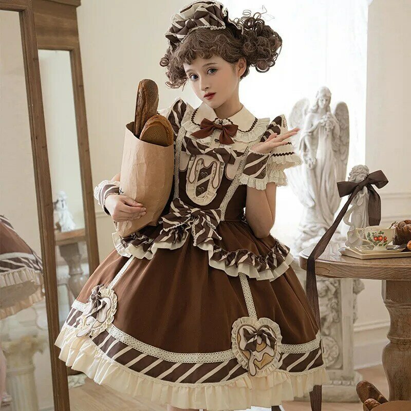 Francuska słodka czekolada Lolita Jsk sukienka Sling kobiet urocza koronka falbany wiktoriańska gotycka kokarda księżniczka sukienka