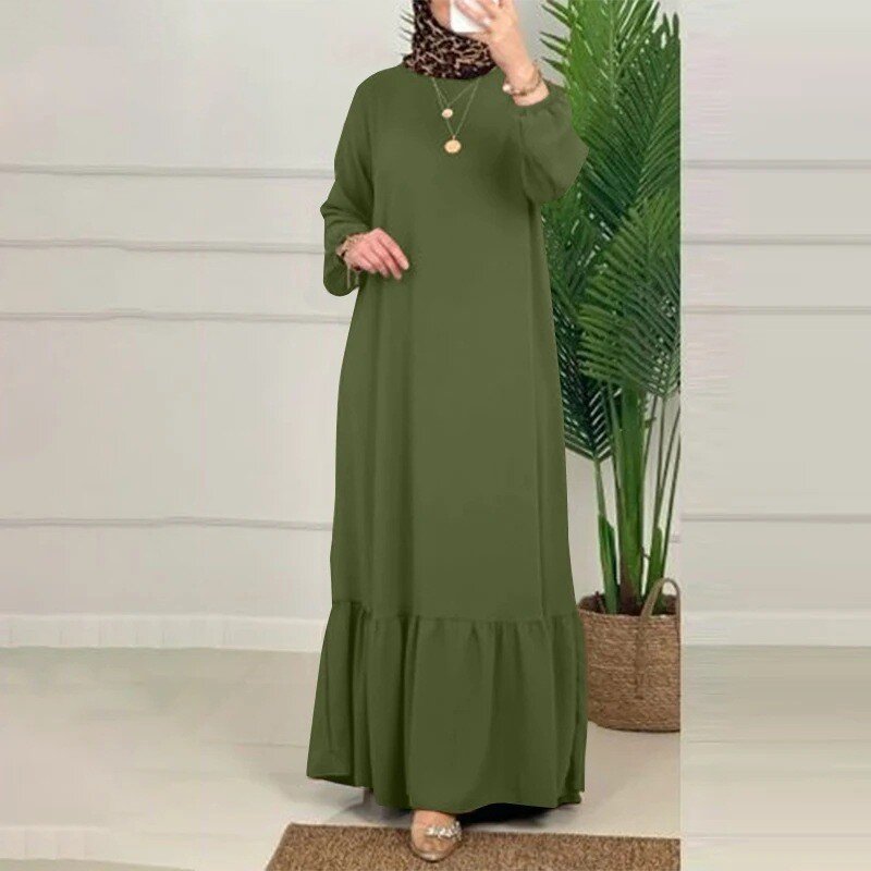 Maniche a sbuffo in tinta unita con volant abiti musulmani da donna prendisole da festa Vintage abito lungo a maniche lunghe di moda turchia Abaya