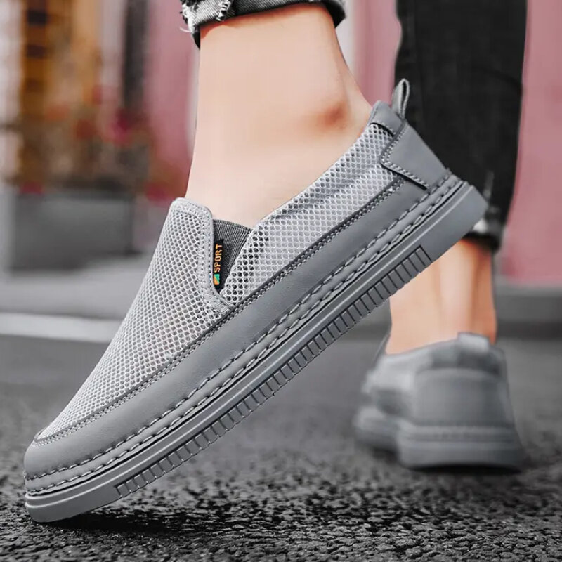 Mesh Sports Shoes for Men Breathable Round Head Solid Colour Casual Sneakers Summer Comfort Flats Lightweight Driving Loafers