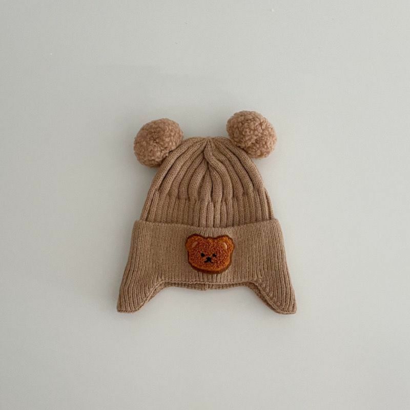 Topi Pom Beruang Bayi, tutup kepala Beanie wol lembut tebal musim gugur musim dingin 2024