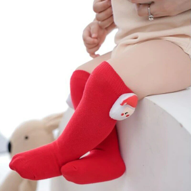 ถุงเท้ายาวถึงเข่าสำหรับทารกเด็กวัยหัดเดินถุงเท้าแฟชั่นเด็กทารกแรกเกิดเพศหญิงคริสต์มาสยืดได้