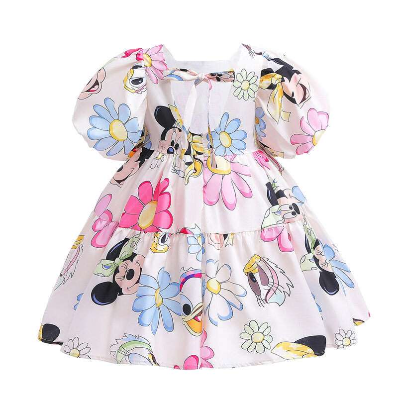 Disney Mickey Girl Dress Kids Toddler Mickey Minnie Mouse Daisy Cartoon Puff Sleeve Clothes Backless Cute Dresses