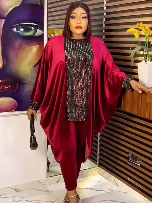 Plus Size African Clothes for Women 2024 Autumn Ankara Dashiki Sequin Outfits Fashion Velvet Tops Pants Trousers Party Suits