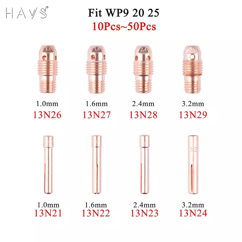 10 to 20Pcs 1.0/1.6/2.4/3.2mm TIG Collet And Collet Body 13N21 13N22 13N23 13N24 13N26 13N27 13N28 13N29 For TIG WP9 20 25 Torch