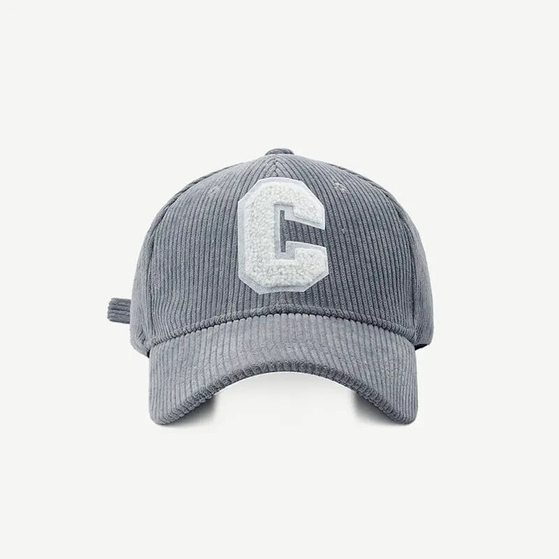 Topi bisbol korduroi huruf C besar, topi olahraga jalanan dapat disesuaikan uniseks HIPHOP huruf C besar untuk pria wanita musim gugur musim dingin