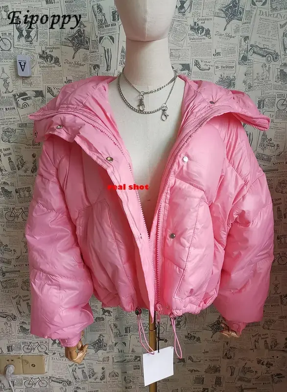 Street Jacket Short Candy Color All-match Bread Coat Women Shiny Warm Big Hooded Cotton Padded Parkas Fashion Winter Jacket Lady