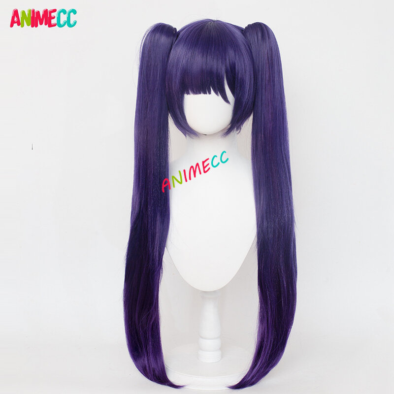 ANIMECC Wig Cosplay Mona dalam stok Wig Cosplay Game Anime Genshin Impact Cosplay Wig sintetik tahan panas ekor kembar ungu 70cm + topi