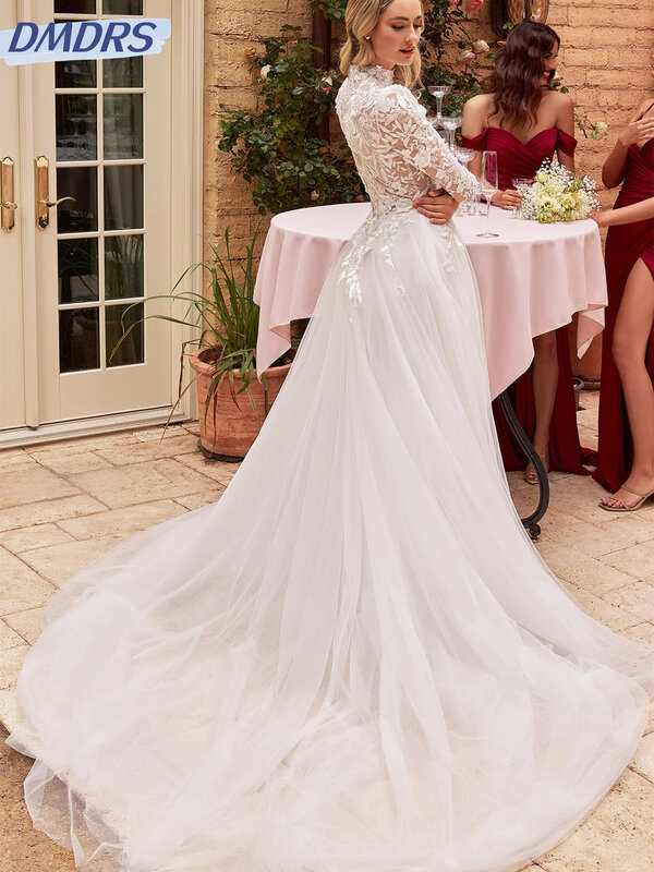 Klasyczne koronki suknia ślubna 2024 elegancka, długa rękaw suknia ślubna romantyczna sukienka o długości podłogi w stylu A Vestidos De Novia