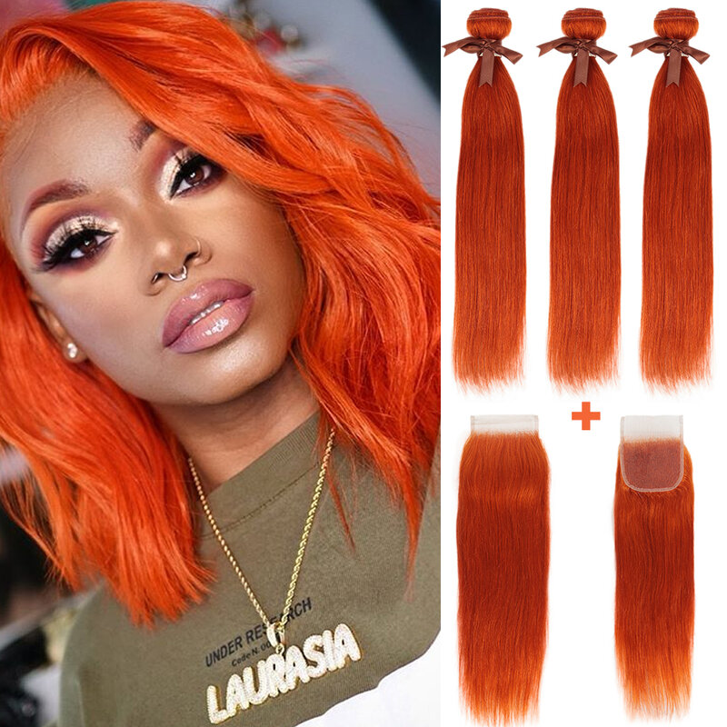 Remy Forte-extensiones de pelo brasileño, mechones de pelo liso con cierre, color rubio y naranja, 613, 3 uds.