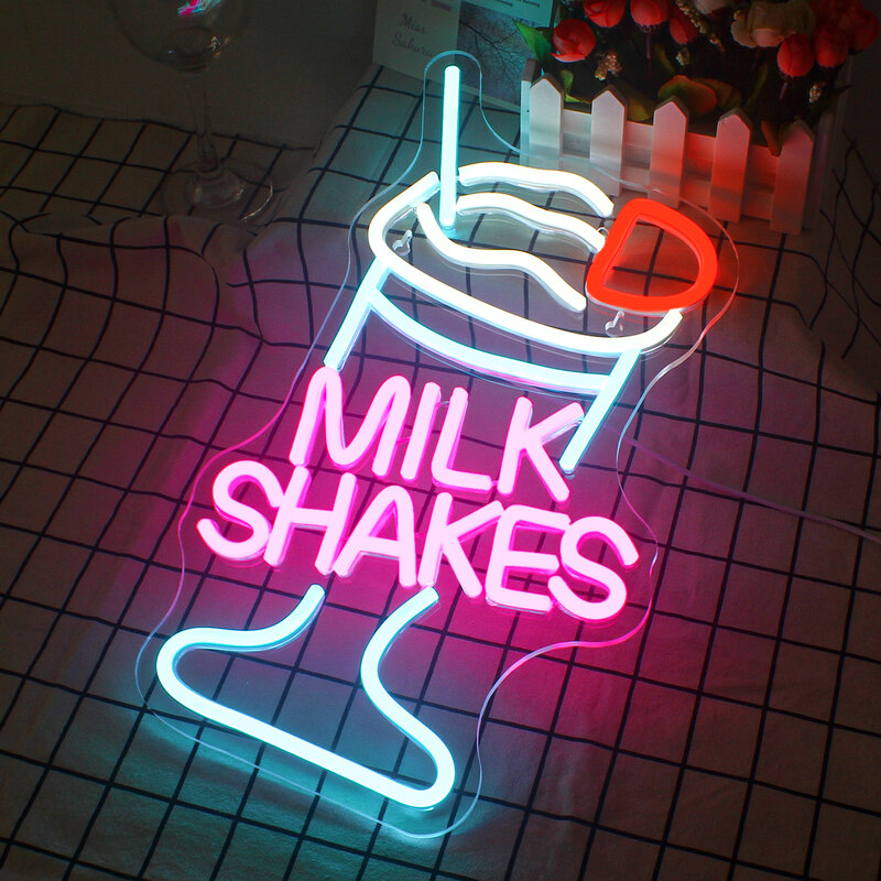 LED Neon Sign Ice Cream Wall Lamp, Milk Shakes Art, USB Logo Lights para Festa, Festa, Casamento, Bebida, Sobremesa, Loja, Bar Acessórios