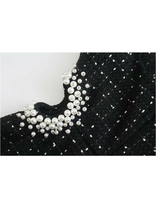 Zevity женское пикантное шерстяное платье-мини из твида с перламутровой аппликацией и поясом, женское шикарное платье на молнии сзади, платья DS2148
