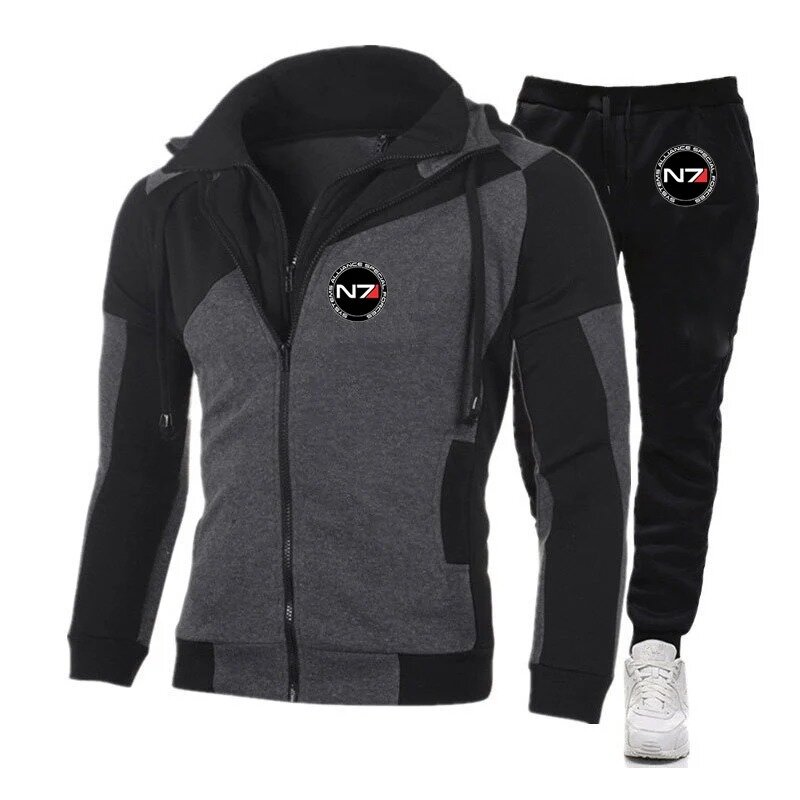 N7 Mass Effect Men Spring and Autumn Casual Color Matching Design Hoodie + Trousers New Diagonal Zipper Two-piece Suit