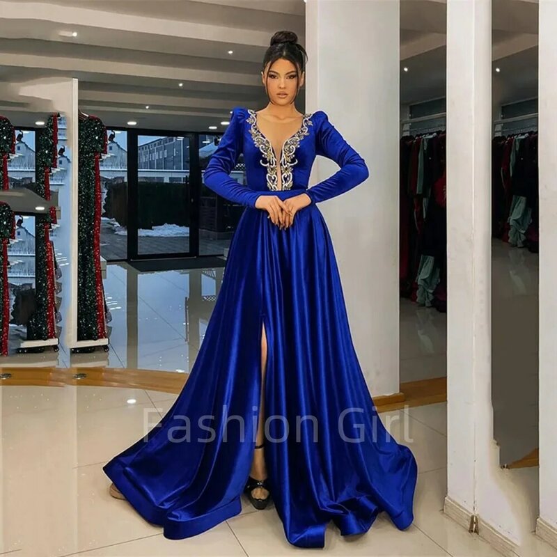 Royal Blue Long Sleeve Beading Crystal Pleat Evening Dresses A Line Saudi Arabic Prom Gowns Side Split Occasion Dresses 2024