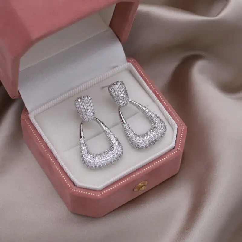 French new fashion jewelry 14K gold plated luxury zircon geometric earrings Elegant women's wedding party shiny accessories