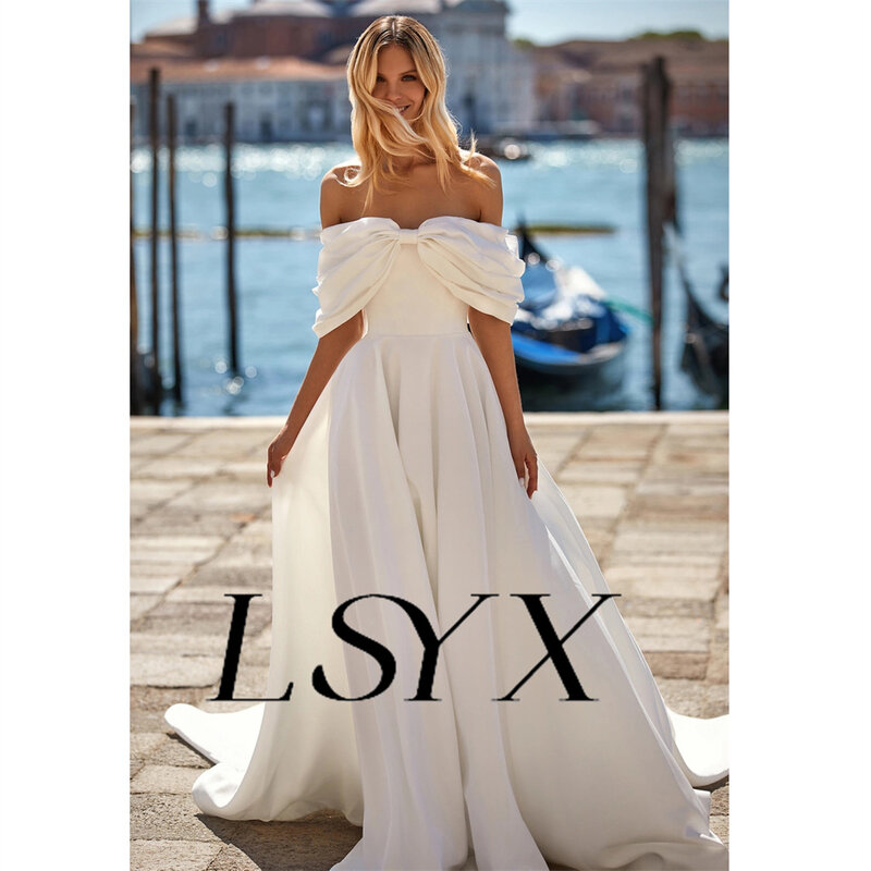 Lsyx schulter freie Falten Bogen Crêpe A-Linie Brautkleid für Frauen aus geschnitten boden langes Brautkleid benutzer definierte msde
