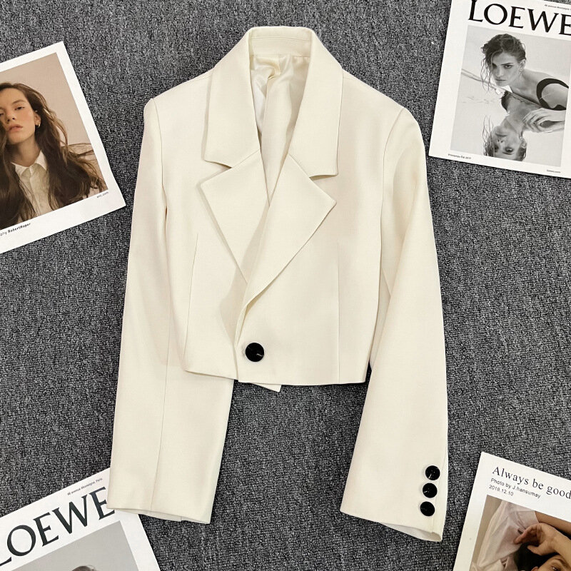 Blazer de botão frontal feminino cortado, casaco vintage, colarinho entalhado, manga longa, jaqueta feminina de terno curto, casacos chiques, moda