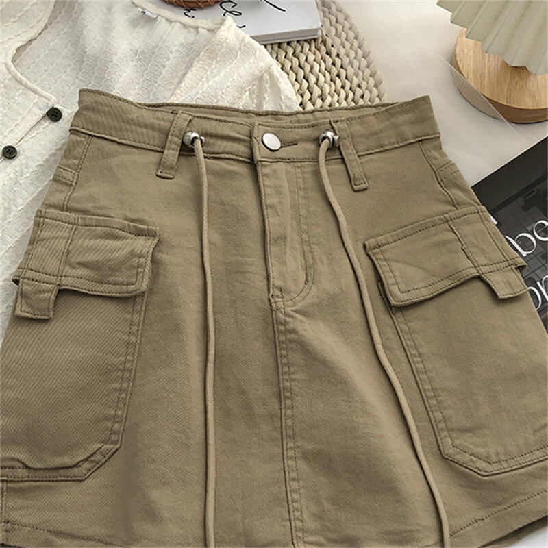 Plus Size Pockets Lace-Up Vintage Denim Skirt Summer Loose Casual Solid Mini Skirts Spring Korean Fashion Faldas Women Clothes