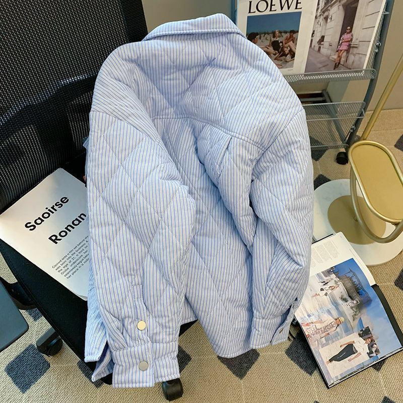 معطف نسائي قصير مخطط باللون الأزرق بأكمام طويلة تصميم ملابس شتوية معاطف للسيدات Harajuku كوري