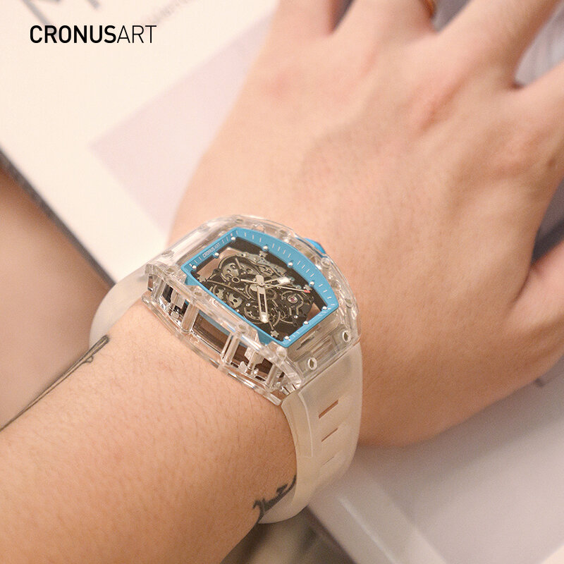 Cronusart mecânica relógio de pulso safira série perspectiva movimento relógio mecânico automático masculino com anel interno azul
