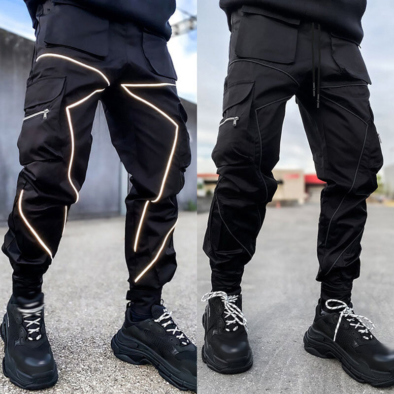 Мужские повседневные черные брюки-карго Y2K, свободные брюки для спортзала, в полоску, с несколькими карманами, спортивные брюки для фитнеса, в стиле хип-хоп, для бега, Techwear