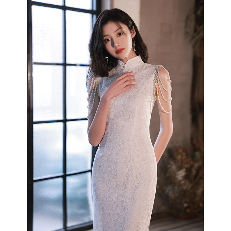 Vestido branco primavera cheongsam, pode ser usado em noivado de aniversário, registro de certificados e vida cotidiana, novo estilo, 2024