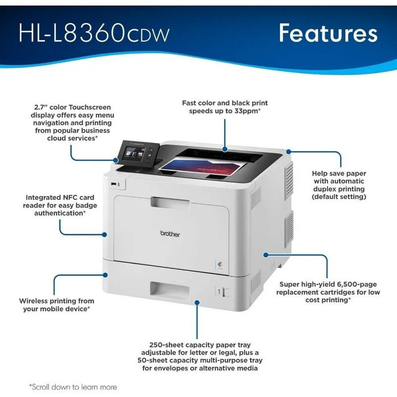 เครื่องพิมพ์เลเซอร์สีสำหรับธุรกิจ, HL-L8360CDW, ระบบเครือข่ายไร้สาย, การพิมพ์สองด้านอัตโนมัติ, การพิมพ์มือถือ, การพิมพ์ระบบคลาวด์