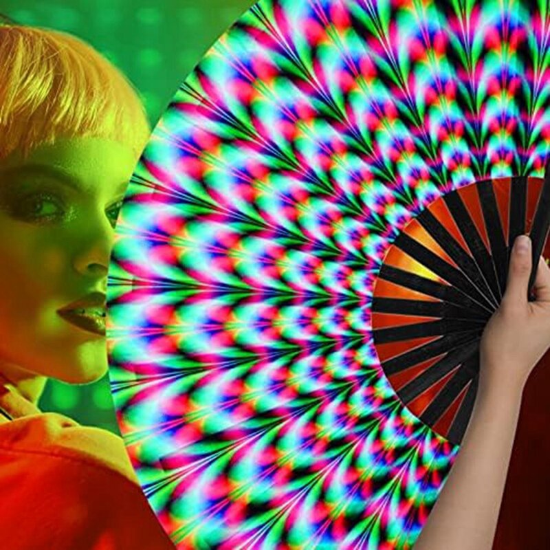 1 buah rave wanita kipas tangan lipat multiwarna fluoresensi bercahaya pesta klub Prom disko grid dekoratif