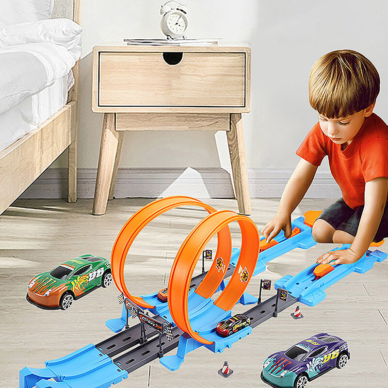 Stunt Speed Double Car Wheels para crianças, DIY Racing Toys, Rail Kits, modelo montado, presente para crianças, presente