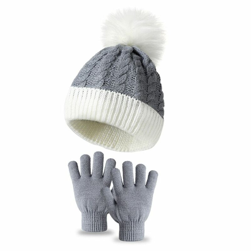 2Pcs/Set Warm Kids Knitted Hat Winter Pompon Ear Protection Beanies Cap Outdoor Soft Gloves Set Girls Boys