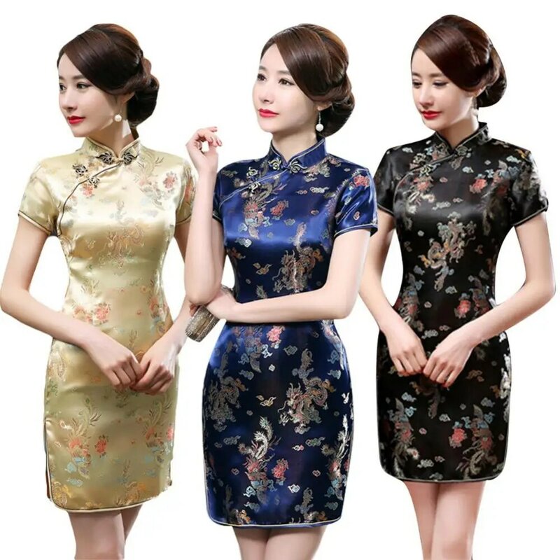 Sukienka w stylu Vintage na lato krótka, w stylu Qipao chiński smok hafowany feniks na szyję smukłe sukienki Vestido Qipao z rozcięciem Mini sukienka