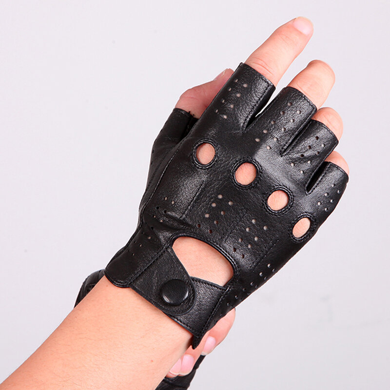 Half Finger Leather Gloves Male Spring Summer Thin Unlined Breathable Anti-Slip Sheepskin Men Driving Gloves Touchscreen M046P-1