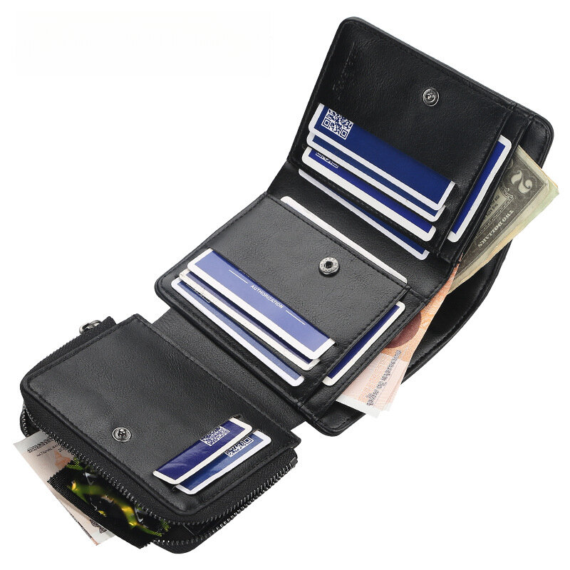 กระเป๋าสตางค์ผู้ชาย PU Leather Fashion Short Zipper Multi Slot Card Holder Men Purse Male Fold Wallets