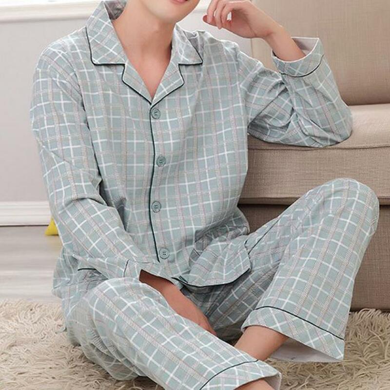 Conjunto de pijama de manga larga con cuello de solapa para hombre, pantalones cómodos, estampado de secado rápido para relajación, primavera y otoño