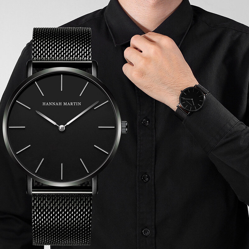 남성용 심플 패션 시계, HANNAH MARTIN 탑 브랜드, 일본 무브먼트, 럭셔리 클래식 디자인, 초박형 쿼츠 손목시계