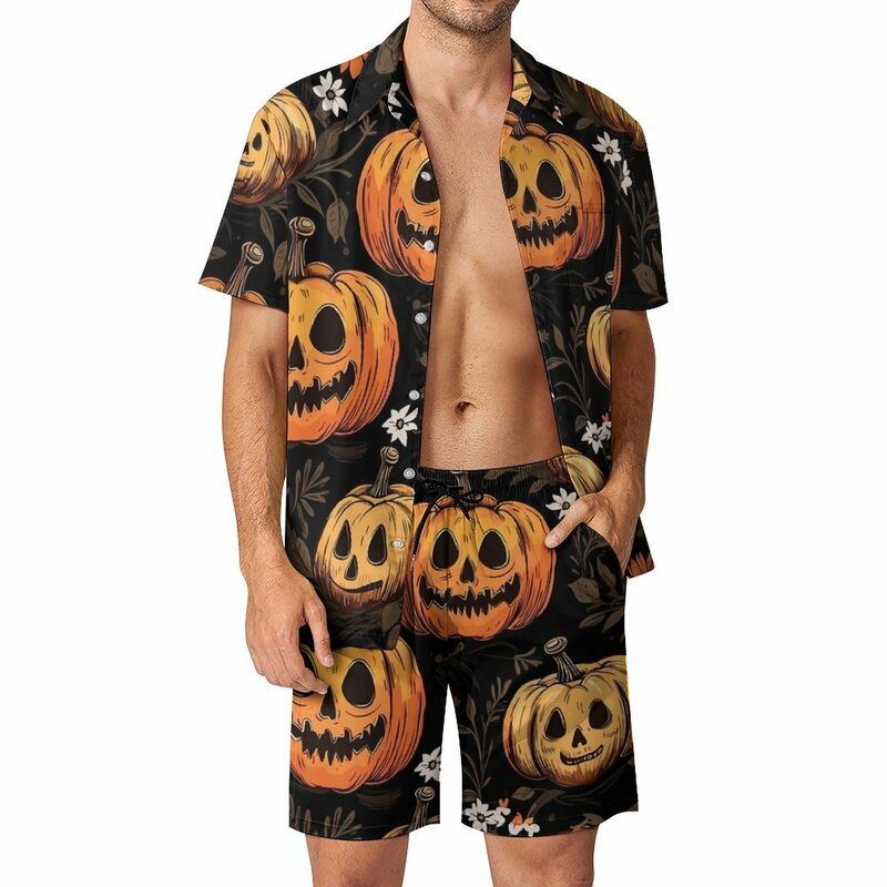 Abóboras de Halloween masculino, estampado em flores, shorts casuais, camisa ao ar livre para verão fitness, mangas curtas, terno extragrande personalizado