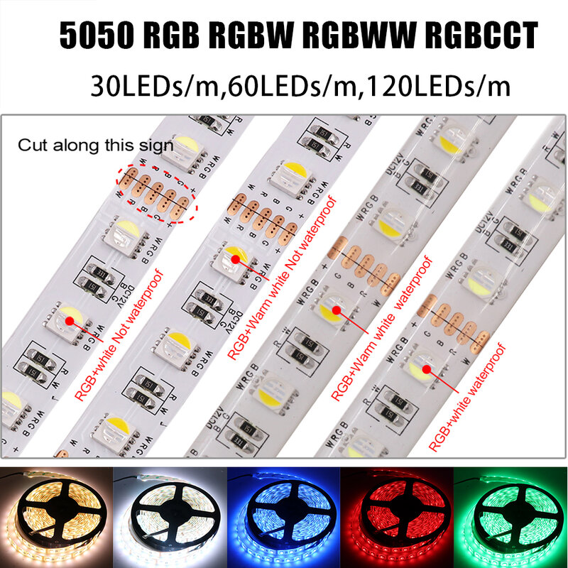 Bande Lumineuse LED RGB Étanche et Flexible, Ruban de Diodes, Blanc Chaud, RGBW, RGBWW, RGBCCT, DC 12V, 5m, 5050/150 Gible, 300/600