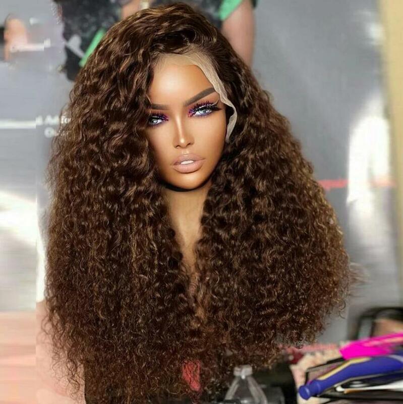 Натуральный Длинный мягкий коричневый кудрявый парик 26 дюймов плотность, с глубокой кружевной передней частью, для женщин, Детские волосы, без клея, предварительно выщипанные, термостойкий