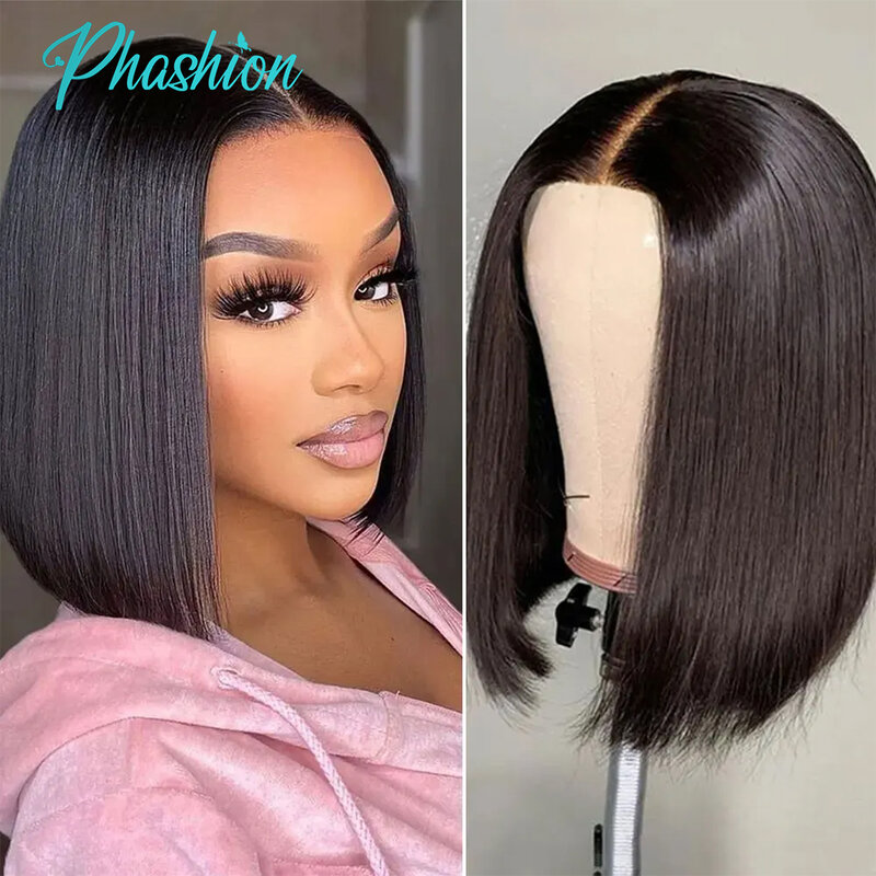 Phashion-Peluca de cabello humano liso para mujeres negras, pelo corto Bob sin pegamento con línea de pelo Natural 180%, 100% Remy, corte Romo, 4x4, a la venta