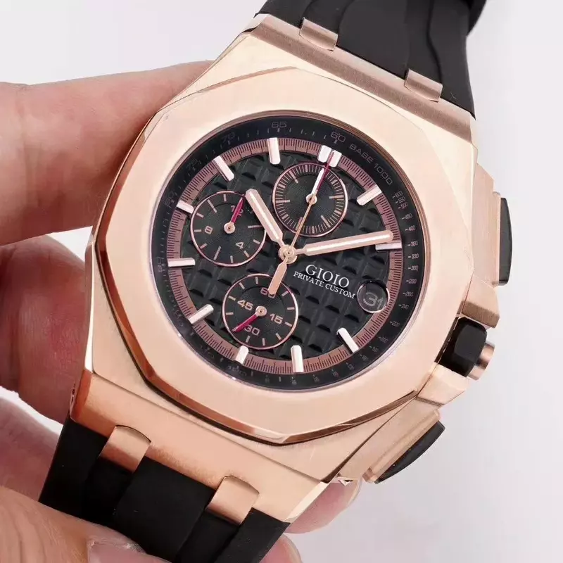 Роскошные новые мужские кварцевые часы с хронографом из нержавеющей стали спортивные черные резиновые серебристые розовые золотистые