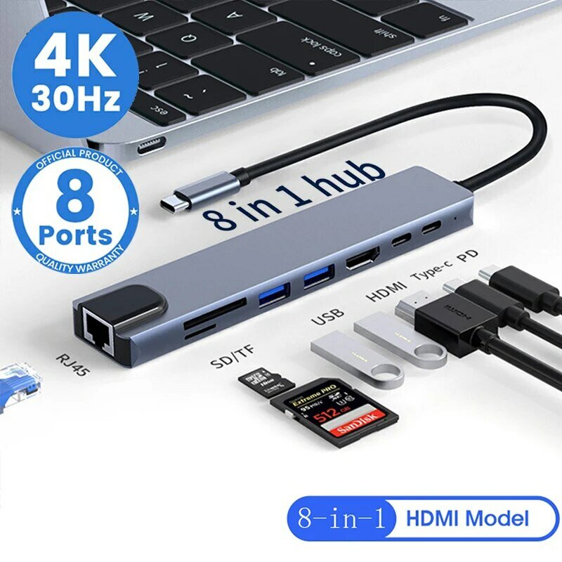 Concentrador de red USB tipo C 8 en 1, divisor 4K Thunderbolt 3, estación de acoplamiento, adaptador de ordenador portátil para Macbook Air M1, iPad Pro, RJ45, HDMI