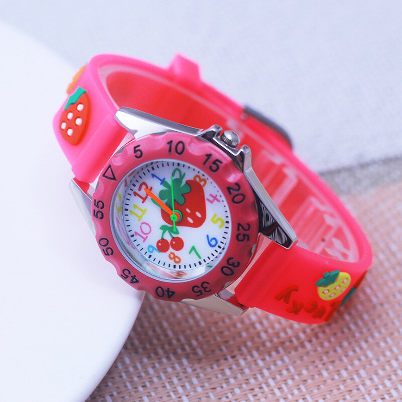 New fashion pretty cute pink girls children watches 3D cartoon strawberry face and strap little kids babies birthday gifts watch