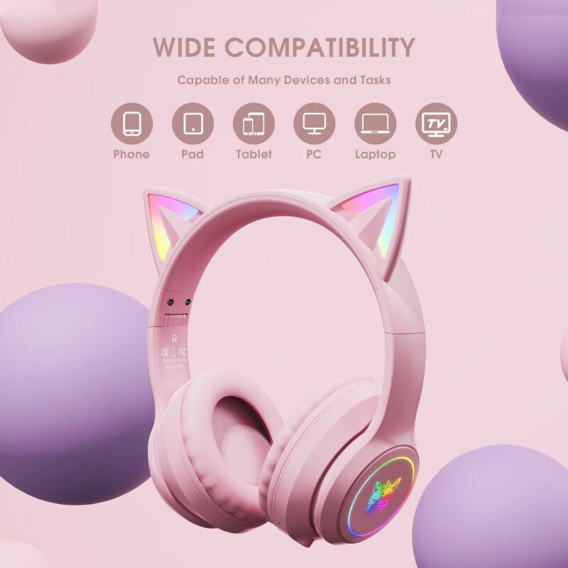 ONIKUMA – écouteurs sans fil Bluetooth B90, casque d'écoute pliable avec oreille de chat mignon rvb, pour PC de jeu