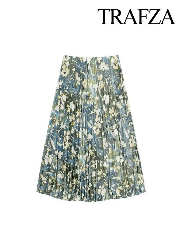 TRAFZA 2024 Spring Women's Fashion Midi Pleated Skirt Metallic Floral Print Versatile Vintage High Waist A-Line Retro Chic Skirt
