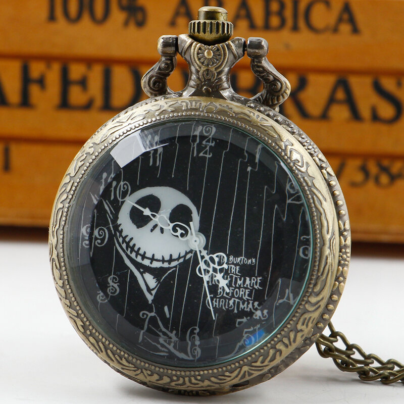 Acryl spiegel Schädel Quarz Taschenuhr Steampunk Vintage Männer Bronze Kette Uhren Geschenk Uhr reloj de bolsillo