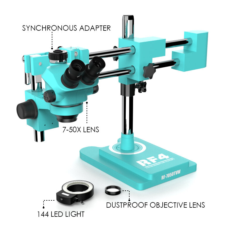 Microscope trioculaire stéréoscopique avec lampe 144LED, réparation de carte principale de téléphone portable, maintenance de PCB, RF4, RF7050TVW, 7-50X