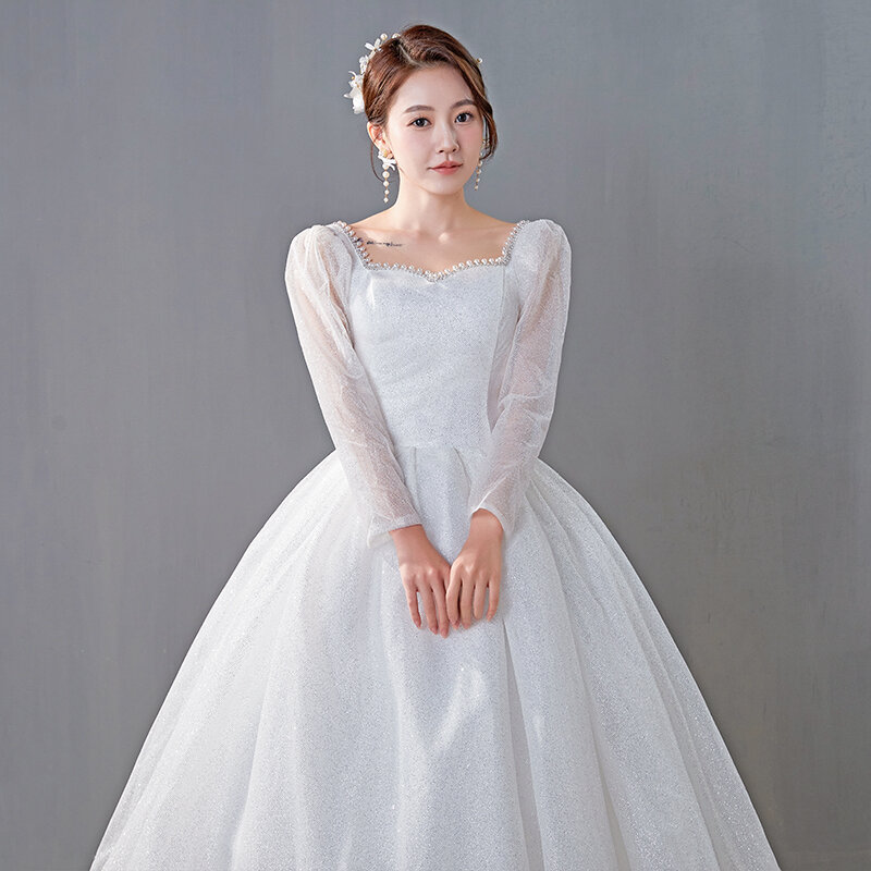 Simple Ball Gown Wedding Dresses With Sleeve Delicate Beading Shiny Tulle Bridal Dress Classic Elegant Long Vestidos De Novia