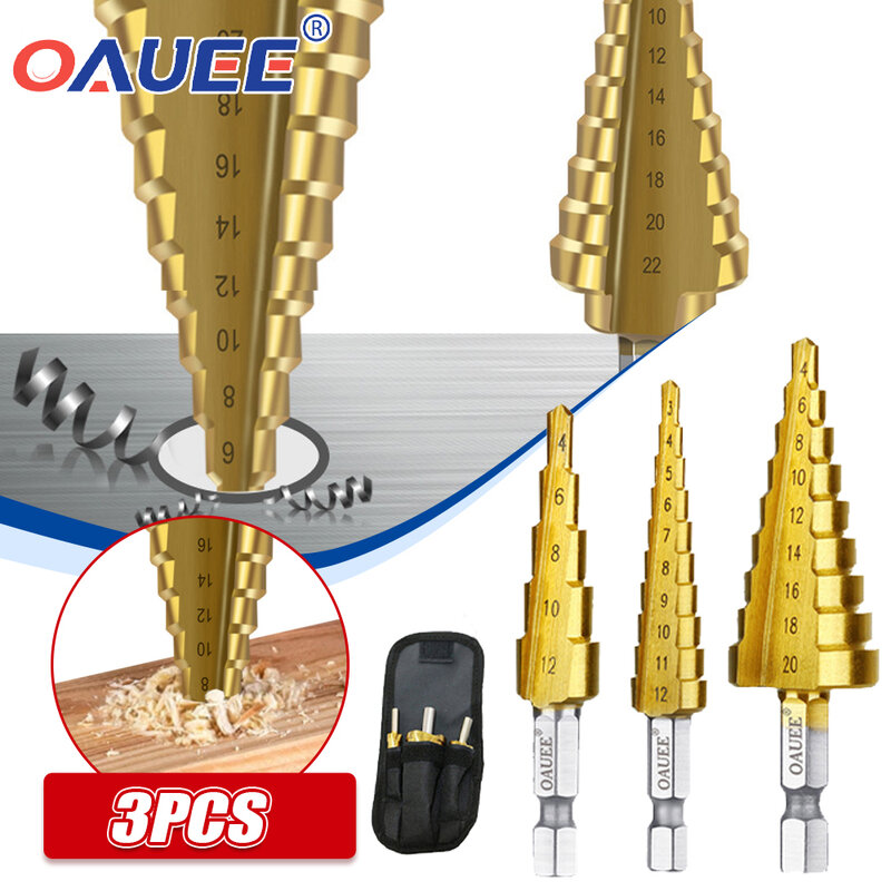 Oauee-HSS Straight Groove Step Drill Bit, revestido em titânio, madeira, Metal Hole Cutter, Core Drilling Tools Set, 3-12mm, 4-12mm, 4-20mm