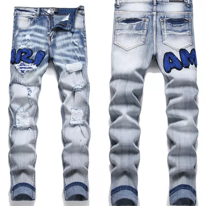 Celana bordir tangan pria, Jeans katun pola gaya nasional kepribadian celana panjang ramping elastis tinggi 3D lubang cuci jalan tengkorak 4